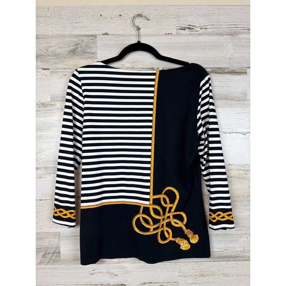 J.McLaughlin Womens M Black Stripe Gold Chain Pullover 3/4 Sleeve Casual Top NEW - Picture 3 of 6
